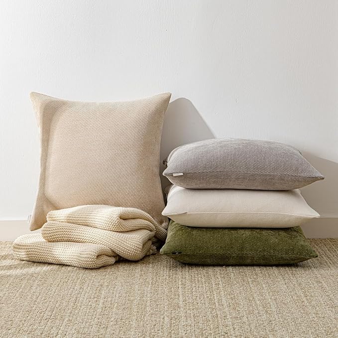 a moment Pack of 2 Decorative Chenille Throw Pillow Covers with Twill Cushion Covers for Sofa Living Room Couch Bed 12x20 Inch Beige