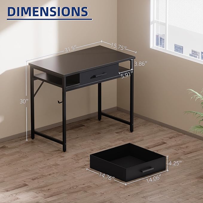 Pamray 32 Inch Small Computer Desk with Drawers for Bedroom Small Spaces | Compact, Sturdy, Easy Assembly, Mini, Suitable for Dorm and Apartment, Study and Writing