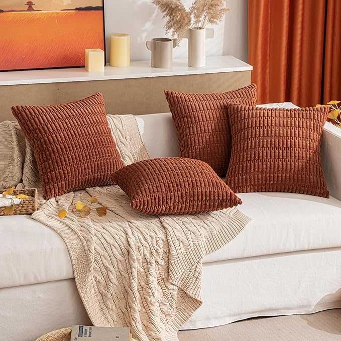 MIULEE Fall Pack of 2 Dark Rust Corduroy Decorative Pillow Covers 12x12 Inch Soft Boho Striped Throw Pillow Covers Modern Farmhouse Home Decor for Sofa Living Room Couch Bed