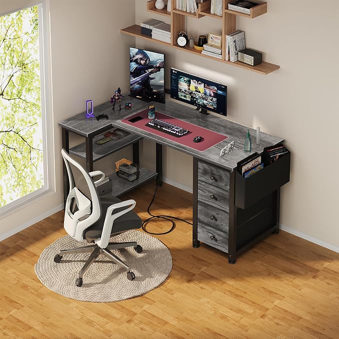 Lufeiya L Shaped Computer Desk with Drawers & Storage Shelves, 47 Inch Small Corner Desk with Power Outlet for Home Office Bedroom, L-Shaped Gaming PC Desks with Fabric Drawer, Gray