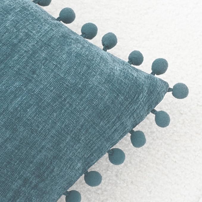 CaliTime Decorative Couch Throw Pillow Covers 18 X 18 Inches Smoke Blue | Pack of 2, Cozy Chenille Cushion Cases, with Pom Poms for Sofa Bed Living Room Farmhouse Home