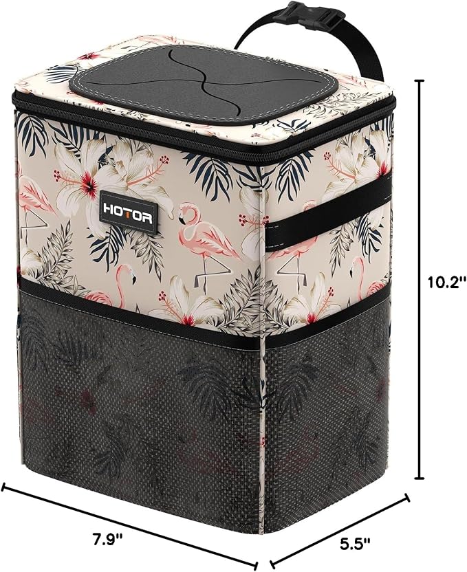 HOTOR Car Trash Can with Lid and Storage Pockets - 100% Leak-Proof Organizer, Waterproof Garbage Can, Multipurpose Trash Bin for Car, 2 Gallons, Flamingo