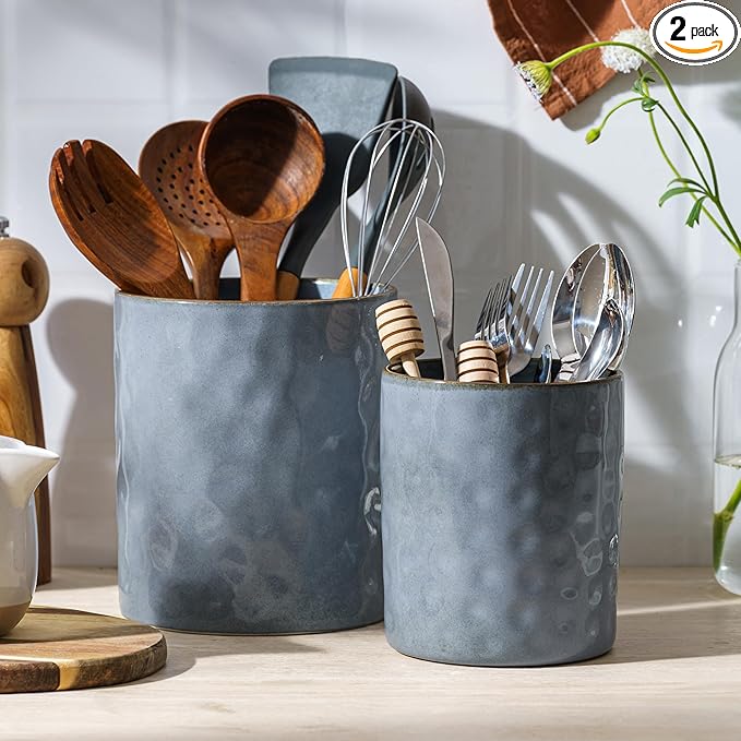 famiware Ocean Utensil Holder, 7.2"+5.8" Ceramic Kitchen Utensil Holder for Countertop, 2 Pieces Cooking Utensil Crocks, Utensil Organizer for Spatula & Spoon, Kitchen Decor, Set of 2, Blue