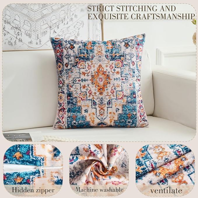 Boho Throw Pillow Covers 16x16 inch Set of 2,Boho Vintage Carpet Pattern Antique Ethnic Decor Double Sided Pattern Cushion Cover Soft Pillow Case Living Sofa Room Bed Square Pillow Cover
