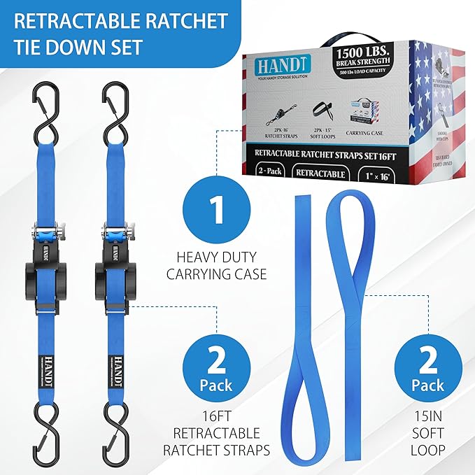 USA Based Retractable Ratchet Straps (2PK) 1in x 16ft - 1,500lb Break Strength, Heavy Duty Automatic Ratchet Straps Self Retractable Tie Down, Push Button Retracting Truck Trailer Cargo | Blue