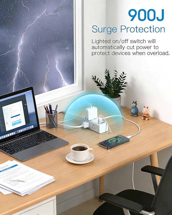 Flat Plug Extension Cord 5Ft, One Beat 5 Feet Surge Protector Power Strip with 6 Widely Outlets 4 USB Ports (2 USB C), 3 Way Wall Outlet Extender Extension Cord for Home Office College Dorm Room