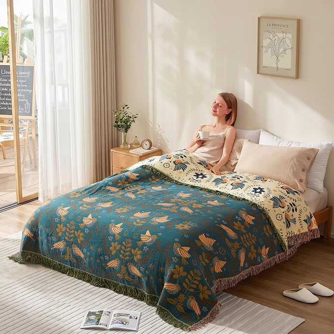 LUTBM Queen Throw Blanket for Bed, 100% Cotton Boho Soft Quilt Room Decor | Reversible Floral Bird Jacquard, 90"x90" All-Season Bedspread, For Chair Sofa Couch Bedroom, Lightweight Breathable Gauze