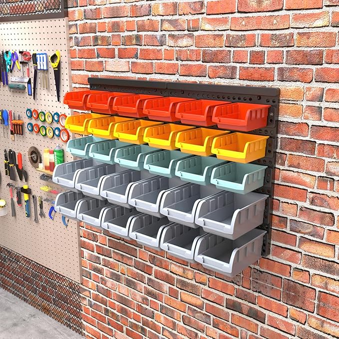 MULSAME Wall Mounted Storage Bins Parts Rack 4 Colors Bin Organizer Garage Plastic Shop Tool, Garage Organizers and Storage (Style-Serene) 25.2"*16.2"