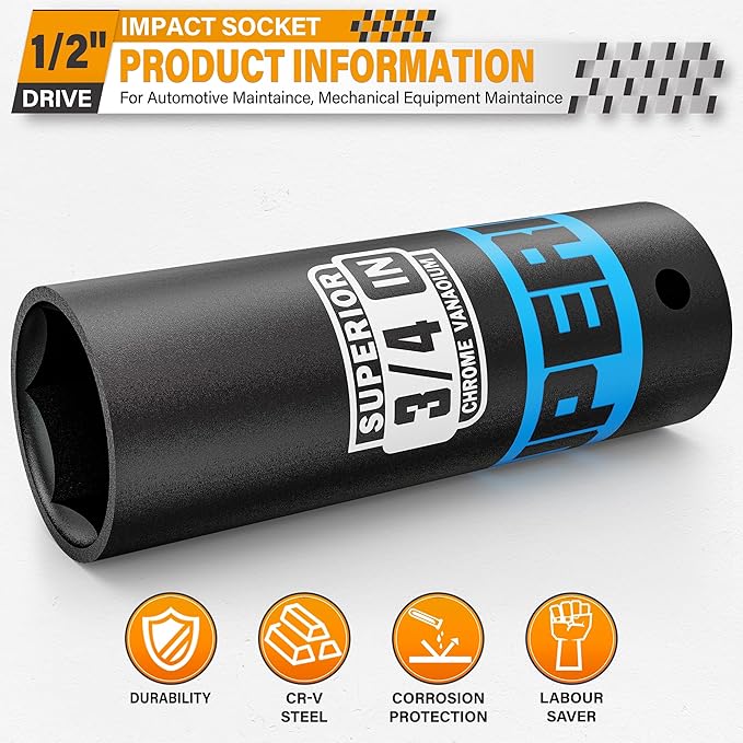 1/2" Drive Impact Socket, 3/4 inch Deep Socket, SAE, 6 Point, CR-V, for Car Repair, Loosen the Fastening Nut