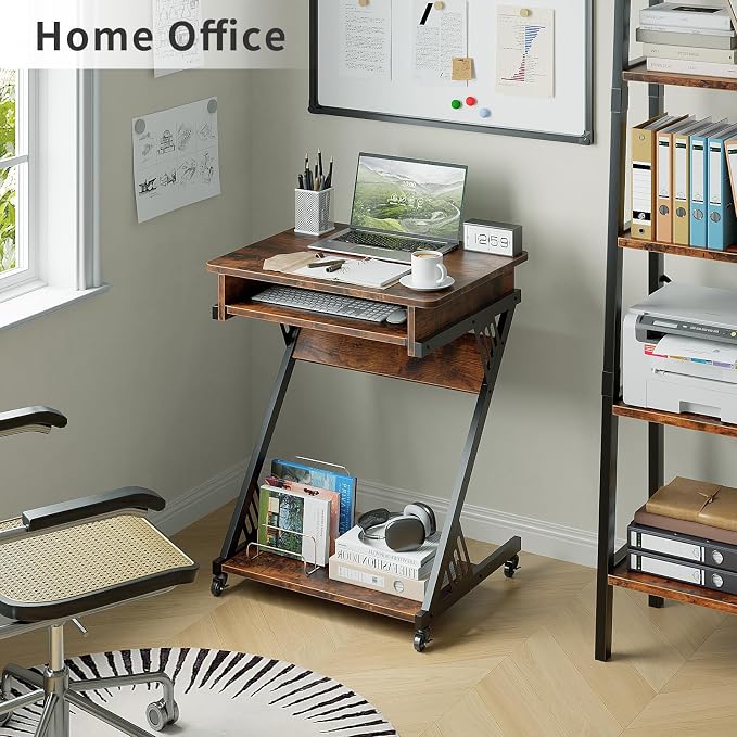 ALISENED Computer Desk for Small Spaces, 23.6" Z-Shaped Compact Study Table with Smooth Keyboard Tray with Wheels and Bottom Shelves for Home Office, Computer Cart Mobile Laptop Cart, Rustic Brown | 23.6" Z-Shaped, with Wheels and Bottom Shelves, for H...
