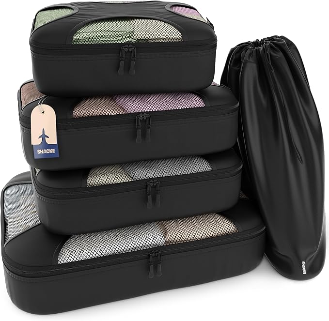 Shacke Premium 5 Packing Cubes Set - Lightweight Mesh Travel Luggage Organizers with Laundry Bag, 5-Piece Suitcase Storage System (Black)