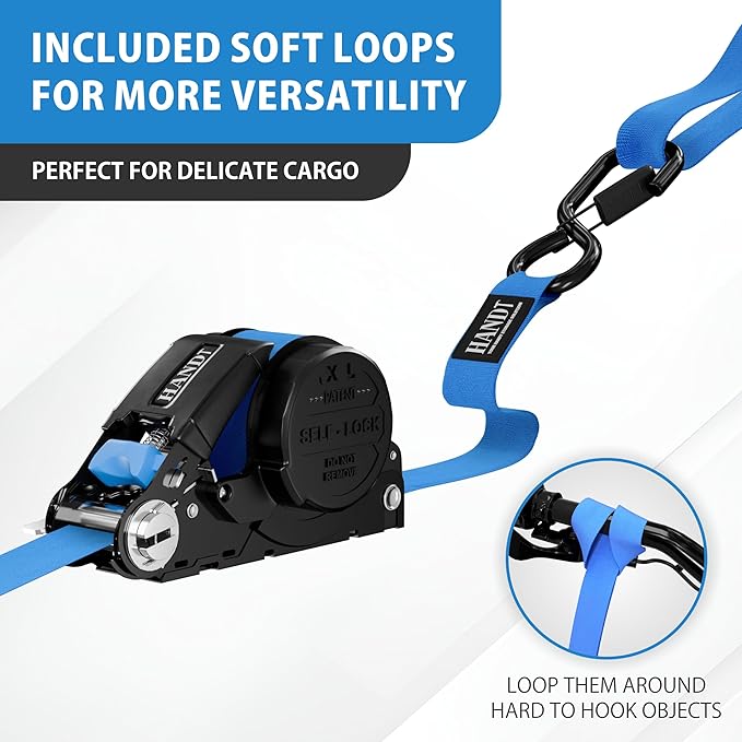 USA Based Retractable Ratchet Straps (2PK) 1in x 16ft - 1,500lb Break Strength, Heavy Duty Automatic Ratchet Straps Self Retractable Tie Down, Push Button Retracting Truck Trailer Cargo | Blue