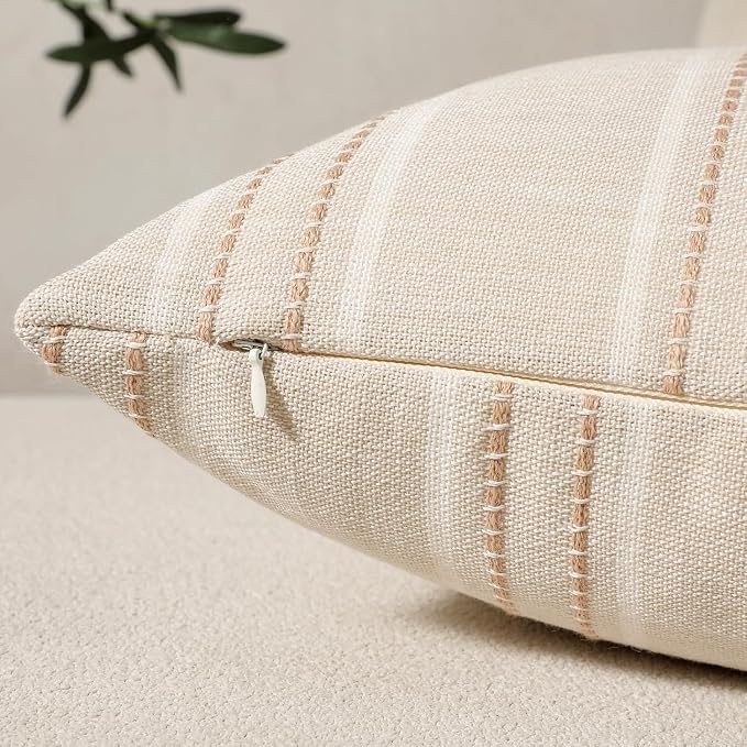 Hckot Stripe Throw Pillow Covers 26x26 Large Square Khaki Pillow Cover | Farmhouse Decorative Pillows Textured Linen Euro Sham Cushion Covers for Sofa Couch Bed Living Room Decor