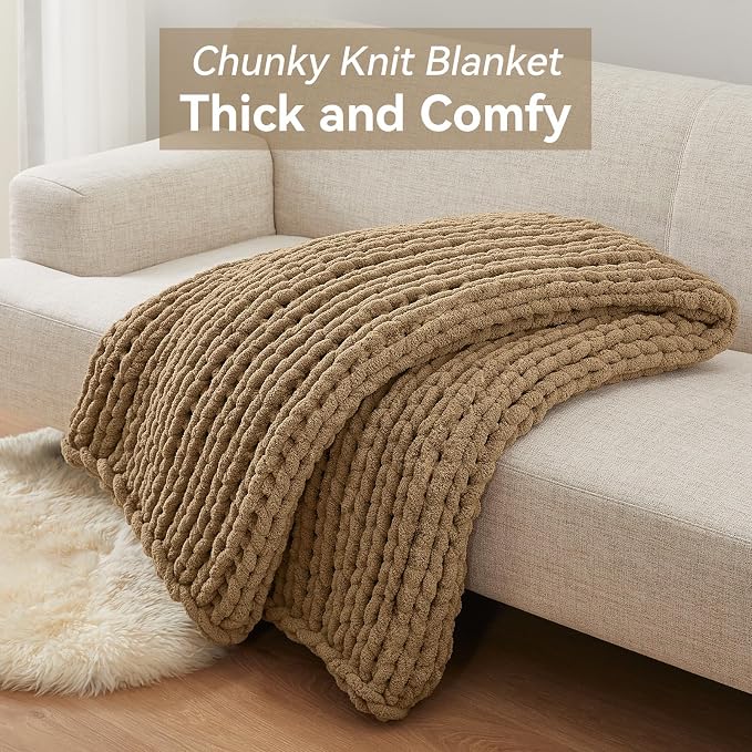 Negwoo Chunky Knit Throw Blanket, Knitted Throw Chenille Yarn, 50"*60" | Soft Thick Cable Knitted Blankets, Handmade Big Thick Blanket, Machine Washable Cute Comfy Blanket for Home Decor,Light brown
