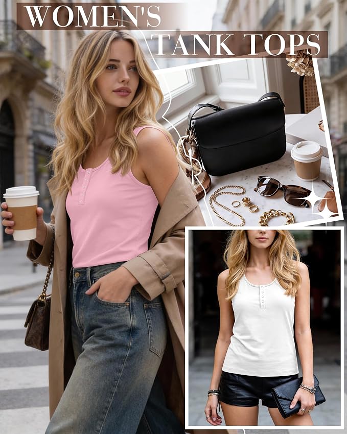 Ficerd 3 Pack Women's Henley Tank Tops Sleeveless Button Down Summer Shirts 2026 Casual Trendy Loose U Neck Tee Blouses