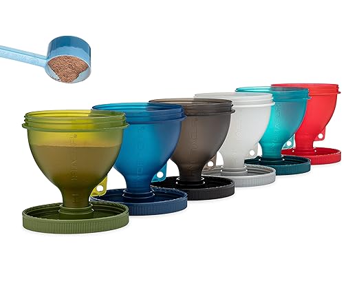 Protein Funnel [6 Pack] Patented Funnels with Stand for Filling Water Bottles, Shaker Bottles w/Protein Powder, Supplement Storage Set, Take to Go or Kitchen Use, Keychain for Shaker Cup, BPA Free