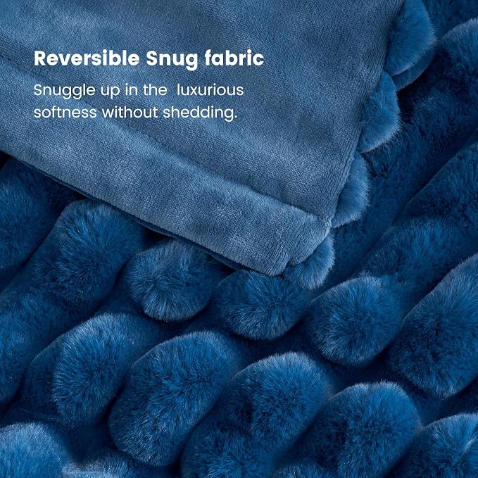 Cozy Bliss Faux Fur Throw Blanket for Couch, Cozy Warm Plush Striped Blanket for Sofa Bedroom Living Room, 50 * 60 Inches Navy Blue