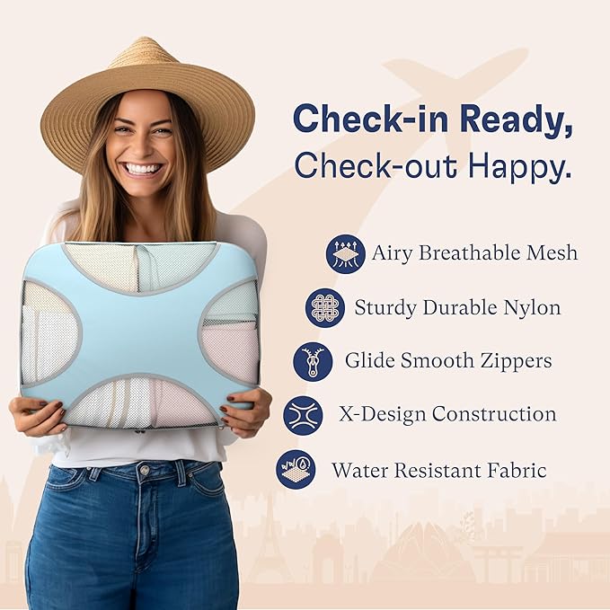 Shacke Premium 5 Packing Cubes Set - Lightweight Mesh Travel Luggage Organizers with Laundry Bag, 5-Piece Suitcase Storage System (Sky Blue)