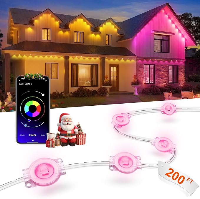 Nexillumi Permanent Outdoor Lights for House, 200ft Smart RGB LED Lights Outside with 16 Million DIY Colors, IP67 Waterproof Eternity Eaves Lighting for Christmas Halloween Holiday Daily Decorations