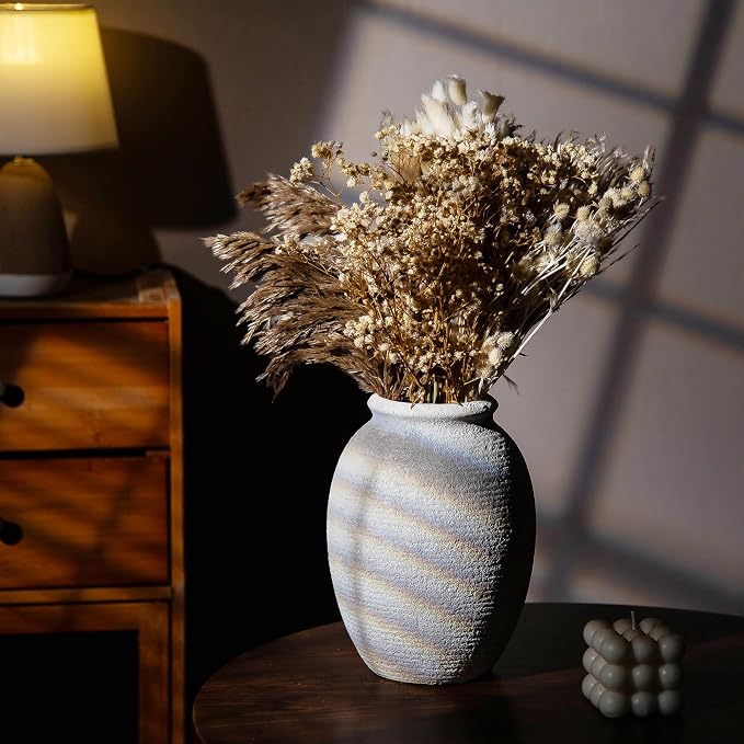 8 Inch White Ceramic Vase - Rustic Vintage Decorative Vase for Home - Farmhouse Pottery Vase for Flowers - Christmas Vase - Modern Vintage Dining Table Centerpiece ， Lyeec Vases Set