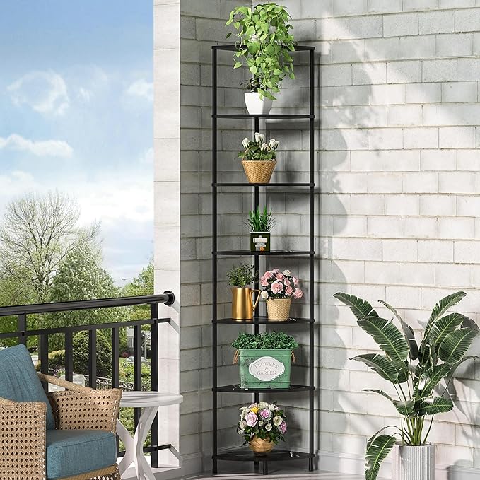 Book Corner Shelf, 7 Tier Corner Bookshelf Display for Living Room Decor, 64.7" Standing Shelf Bookcase Organizer, Marble Black Storage Shelves for Bedroom, Bathroom, Small Space