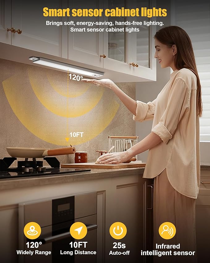 Under Cabinet Motion Sensor Lighting - 12 Inch Wireless Under Cabinet Lighting, Rechargeable with Magnetic Mount, 5CCT Adjustable for Kitchen/Hallway (White, 2-Pack)