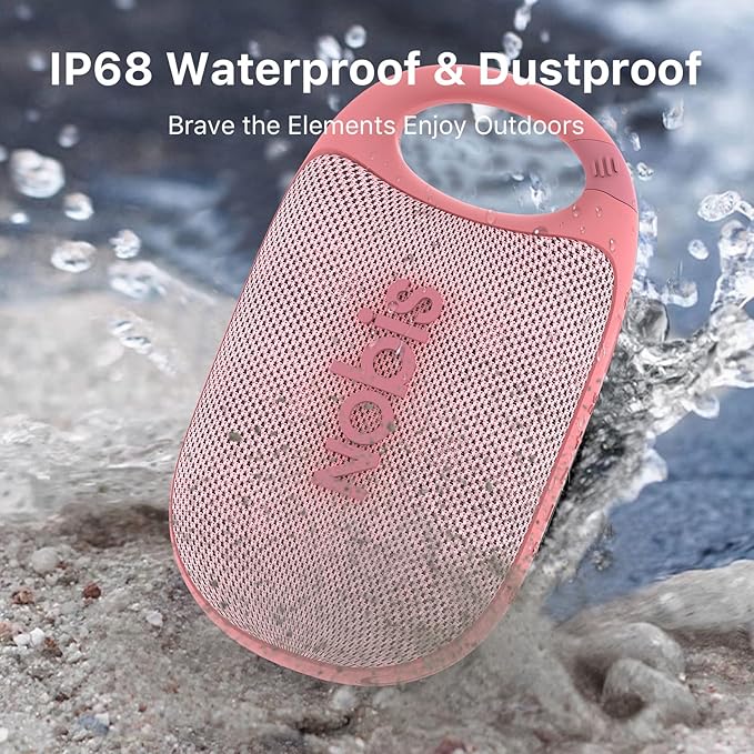 NOBIS Clip N1 Portable Bluetooth Speaker with App, Beat Mode, Up to 24H Playtime, IP68 Waterproof, BT 5.3, HD Sound, Stereo Pairing, Custom EQ, Perfect for Outdoor, Home and Adventure (Pink)
