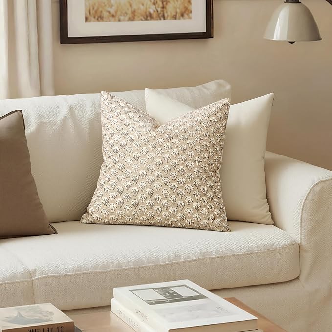 MIULEE Floral Print Decorative Pillow Covers 20x20, Cream Oatmea | Vintage Boho Farmhouse Modern Home Decor, Set of 2, Block Print Cushion Covers for Couch Sofa Bed Living Room