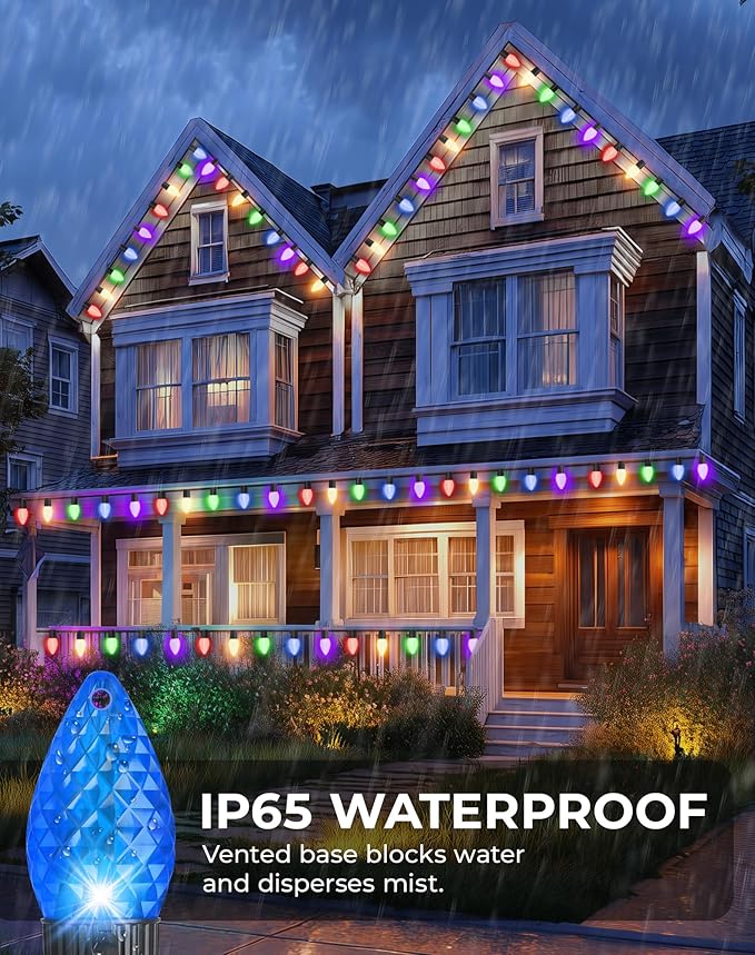 132FT 200LED Smart C9 Christmas Lights Outdoor, DIY Chasing Rainbow Lights App Remote Controlled 100+ Modes, Music Sync Xmas String Lights Waterproof Extendable for Tree House Indoor Xmas Decor