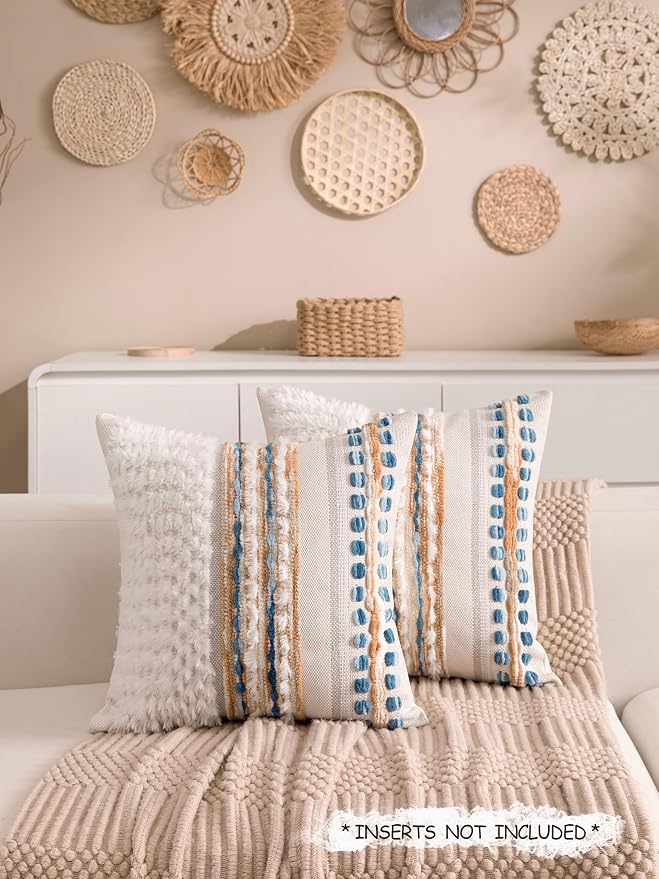 Boho Chenille Tufted Couch Throw Pillow Covers 18x18 Inch Set of 2 Farmhouse Striped Decorative Pillow Covers Accent Neutral Pillowcase Caramel Brown Blue Cushion Cover for Livingroom Sofa Bed