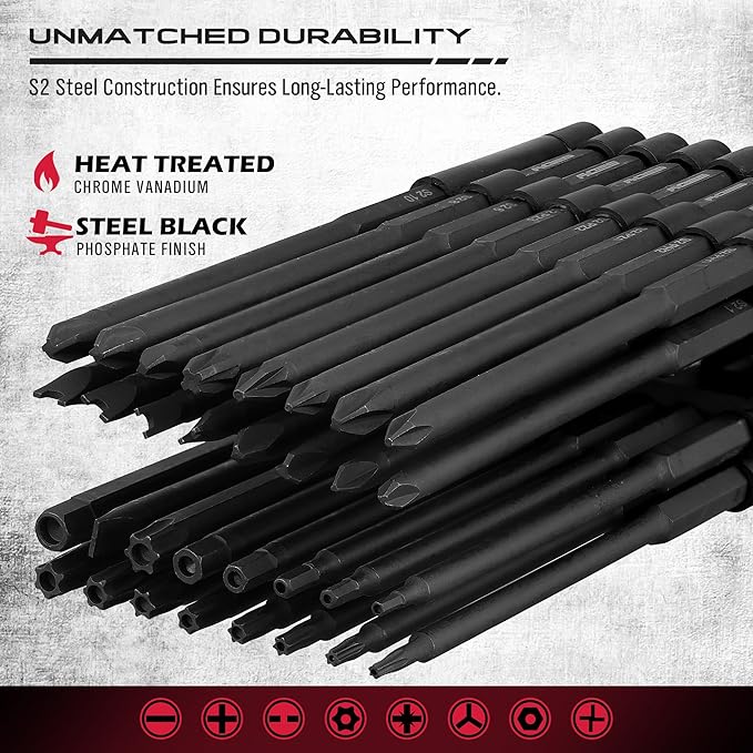 Extra Long Security Bit Set: 32-Piece S2 Steel Screwdriver Drill Bits for Tamper-Proof Screws, 6" Torx, PoziDriv, Spanner, Tri-Wing - Universal 1/4" Hex Shank for Electric, Impact Drills