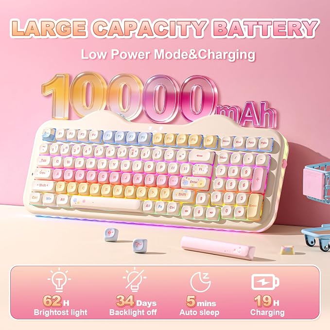 YUNZII C98 Cute Cake Wireless Mechanical Keyboard(Beige, Milk Switch) | 99 Keys with Number Pad, Hot Swap, PBT MOA Keycaps, BT5.0/2.4G/USB-C, Gasket Mount, Custom RGB Backlit for Win/Mac