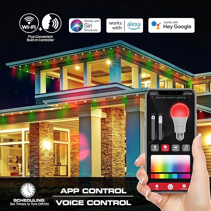 Monster Smart Permanent Outdoor Lights, 100ft, 72 LED Eaves Lights, RGB+IC+WW, Weather & Water Resistant, App & Voice Control, Compatible with Alexa and Google, for Halloween, Christmas & Year-Round