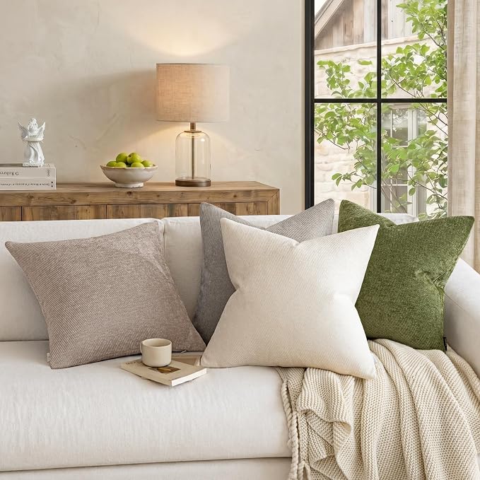 a moment Pack of 2 Decorative Chenille Throw Pillow Covers with Twill Cushion Covers for Sofa Living Room Couch Bed 20x20 Inch Beige