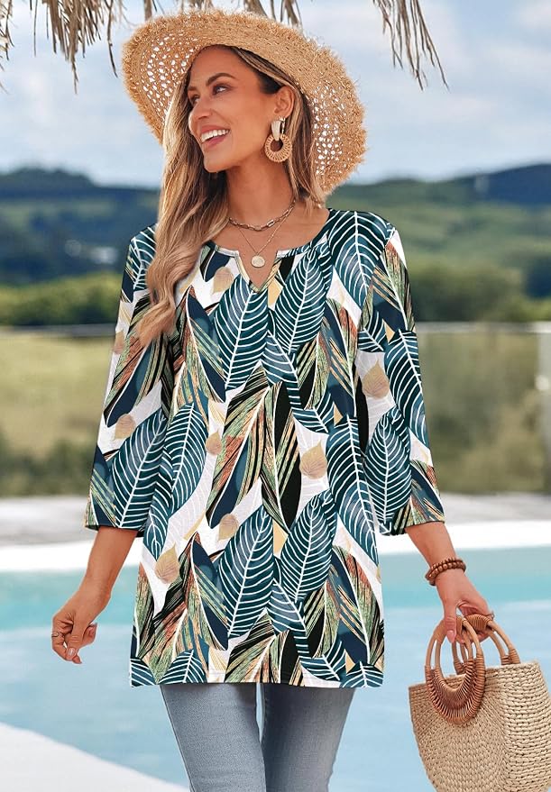 OFEEFAN Summer Boho Tops For Women 3/4 Length Sleeve Womens Tops Vacation Outfits
