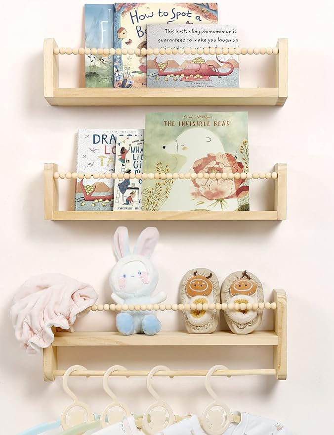 Maxpeuvon Nursery Shelves for Wall Set of 3, Natural Wood Floating Shelves | Kids Bookshelf with Towel Bar, Wall Mounted Organizer and Decor with Beads, for Kids Room, Bedroom and Kitchen
