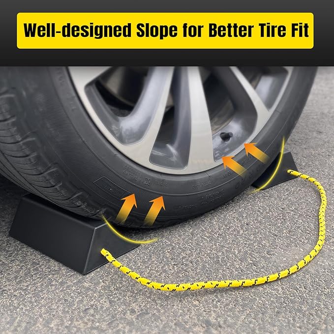HOXWELL Dual Wheel Chocks, Light Non-Slip Wheel Stoppers with Nylon Rope Yellow Reflective Tape, Wheel Block for Lightweight Travel Trailer, Light Truck, Car, Tractor, Lawnmower 2 Pair, Black&Yellow