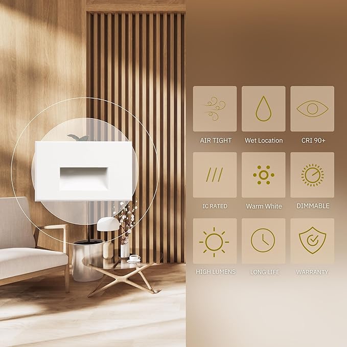 5W LED Horizontal Step Lights, White Finish, 120V Dimmable LED Stair Lights Indoor and Outdoor, 250 Lumens, CRI 90+, IP-65 IC Rated, ETL Listed, Warm White 3000k