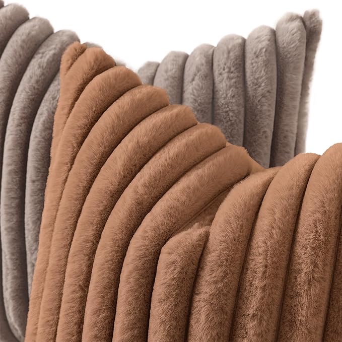 decorUhome Fall Faux Fur Throw Pillow Covers 12x20 Set of 2 Brown | Decorative Soft Cozy Striped Plush Modern Farmhouse Boho Couch Pillow Cases Velvet Back for Sofa Bed Living Room Home Decor