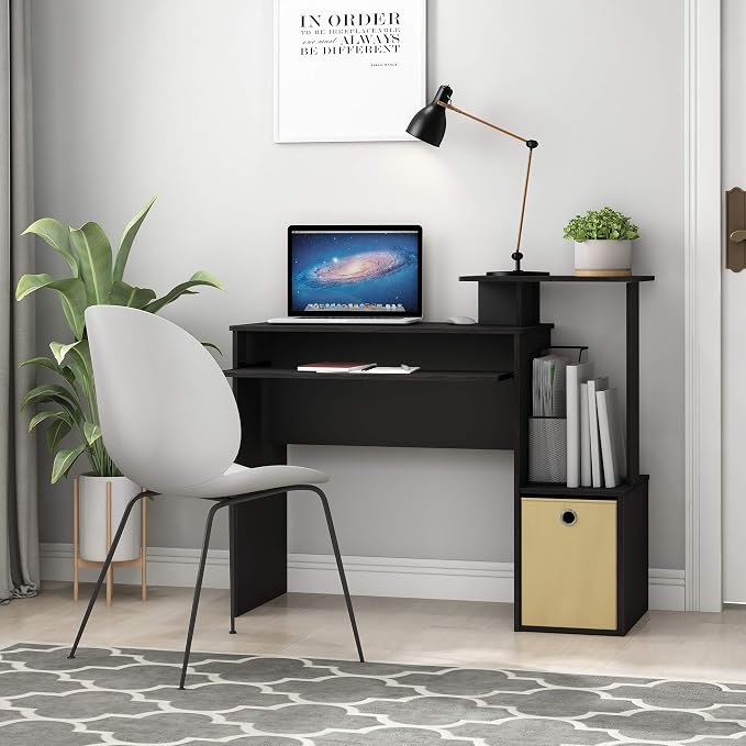 Furinno Econ 40-Inch Computer Desk Side Shelves, Office Desk with Keyboard Tray and Storage Bins, Rectangular Gaming Desk for Home Office, Bedroom, Study Room, Classic Black