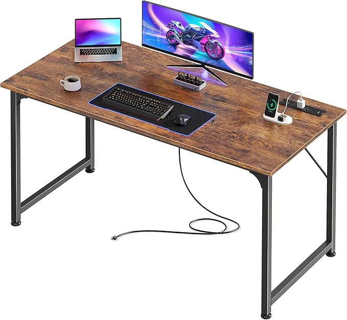 PRAISUN 47 X 20 Inch Computer Desk, Power Outlets, USB-C, Rustic Brown | Office Desk with 4 AC Outlets, USB & USB-C, Sturdy Metal Frame, Spacious Desktop for Work, Writing, Study & Gaming