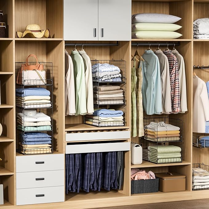 4-Tier Stackable Closet Organizers and Storage Shelves, Foldable Closet Shelf Organizer System, Stackable Storage Bins Drawers for Closet Organizer System, Black(Patent Pending, 15.7"x11.8"x34.64")