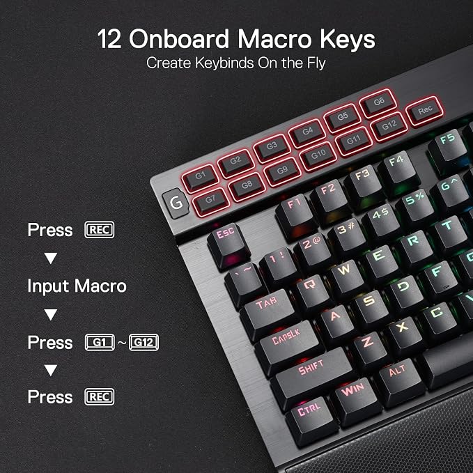 Redragon K550 RGB Gaming Keyboard, 104 Keys + 12 Macro G Keys Wired Mechanical Keyboard w/Aluminum Top Plate, Custom Clicky Purple Switch, Extra USB Port & Wrist Rest