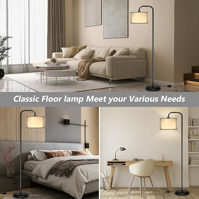 PARTPHONER LED Floor Lamp for Living Room, Modern Standing Lamp with Foot Switch Grey Organza Fabric Shade Tall Pole Reading Lamp for Bedroom Study Room Office, 9W Bulb Included