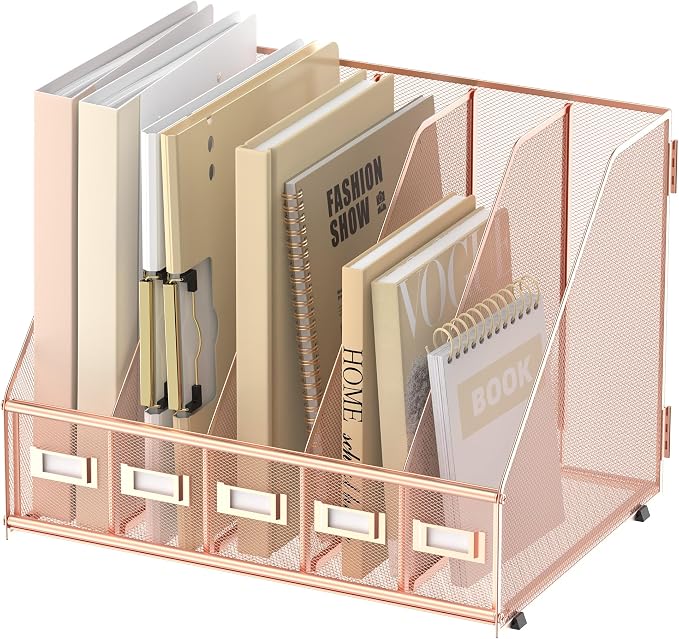 SUPEASY Desk Organizers Metal Desk Magazine File Holder with 5 Vertical Compartments Rack File Organizer for Office Desktop, Home Workspace, Rose Gold