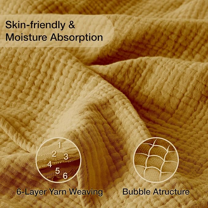 100% Cotton Muslin Blanket Large 50"x 70", 6 Layers Breathable and Lightweight Cotton Throw Blankets for Couch, Soft Cooling Summer Gauze Blanket for Adults All Season, Mustard