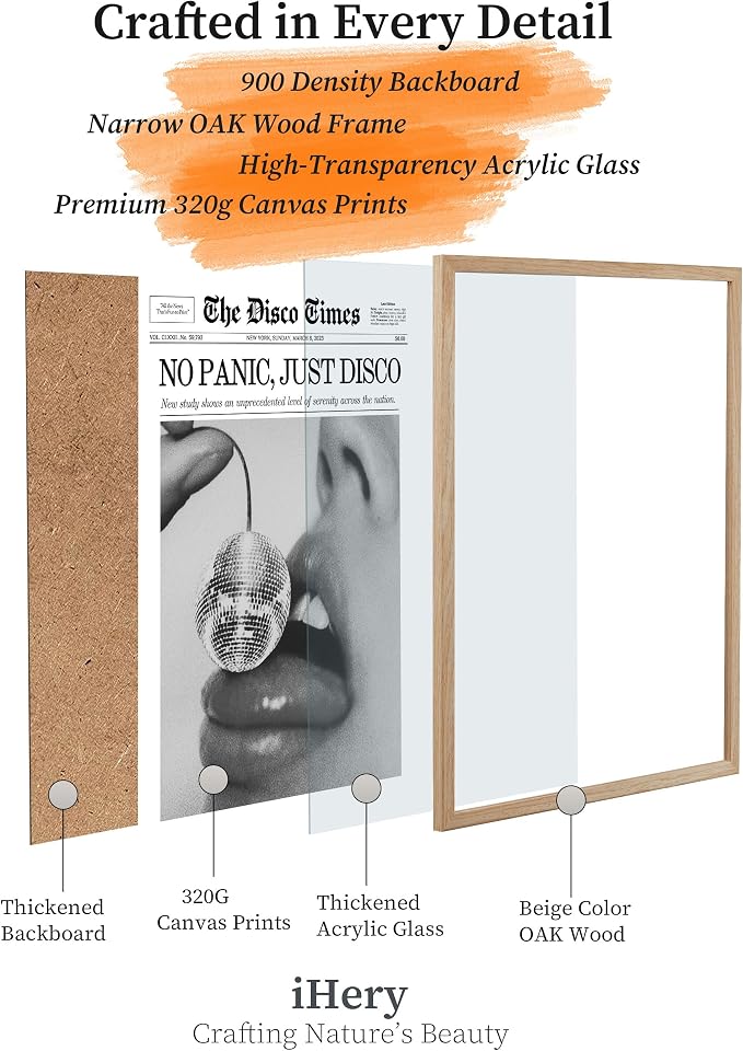 iHery 12x16in No Panic Just Disco Framed Newspaper Wall Art | Natural OAK Wood Frame with Canvas Print, Retro Disco Ball Decor for Bedroom, Girl Dorm, Living Room and Home, 1Pack