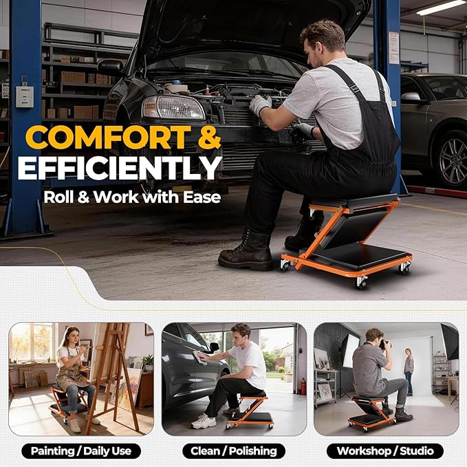 Auto Dynasty 36" Z-Creeper Seat, 2-in-1 Foldable Garage Creeper Shop Seat, 330 LBS Capacity Automotive Mechanic Repair Under Car Rolling Creeper Seat, Orange