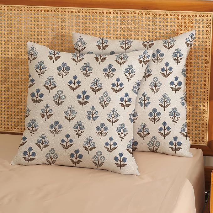Brown Blue Pillow Covers 24x24 Inch Set of 2 Boho Block Print Floral Throw Pillows Vintage Flower Decorative Pillow Cases Outdoor Linen Farmhouse Cushion Cover for Couch Sofa Bed Decor