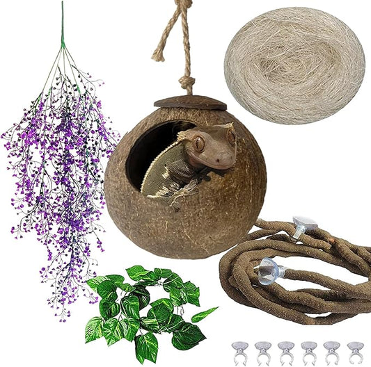 4 PCS Crested Gecko Coconut Hide Natural Lizard Coco Hut Reptile Hanging Nest Flexible Vine Habitat Decoration Bearded Dragon Terrarium Accessories for Tortoise Chameleon Snake Spider